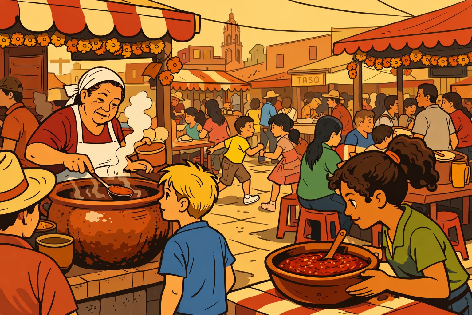 Straßenmarkt in Guadalajara, dampfende Birria-Stände, Ligne Claire