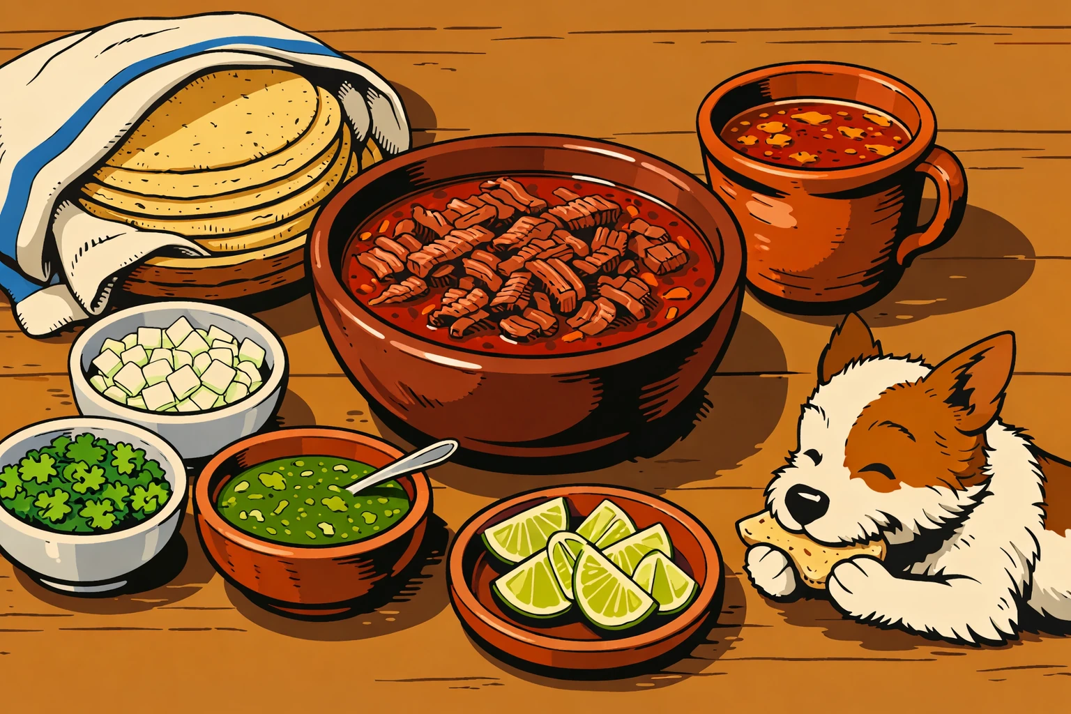 Großer Topf mit schmorende Birria, rote Chili-Brühe, Ligne Claire