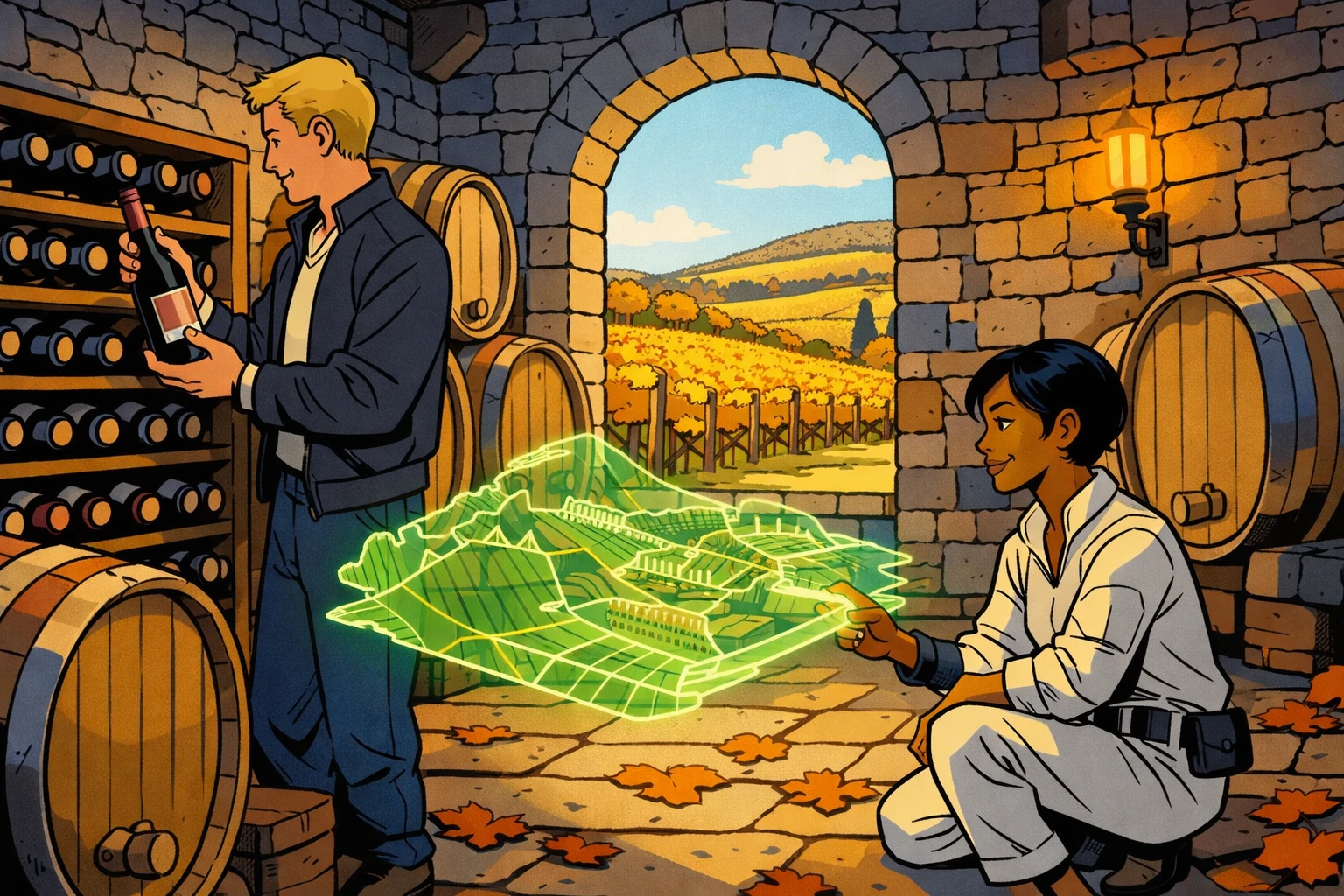 Weinberge in Burgund bei Herbstlicht, Ligne Claire