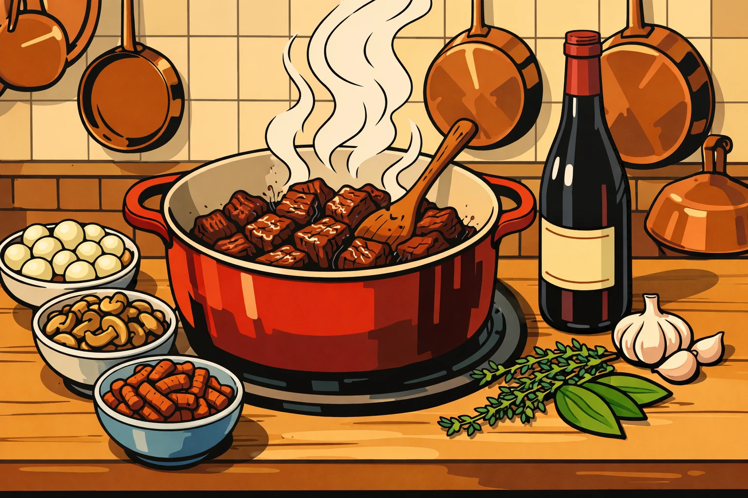 Rindfleisch, Rotwein, Perlzwiebeln, Champignons, Ligne Claire