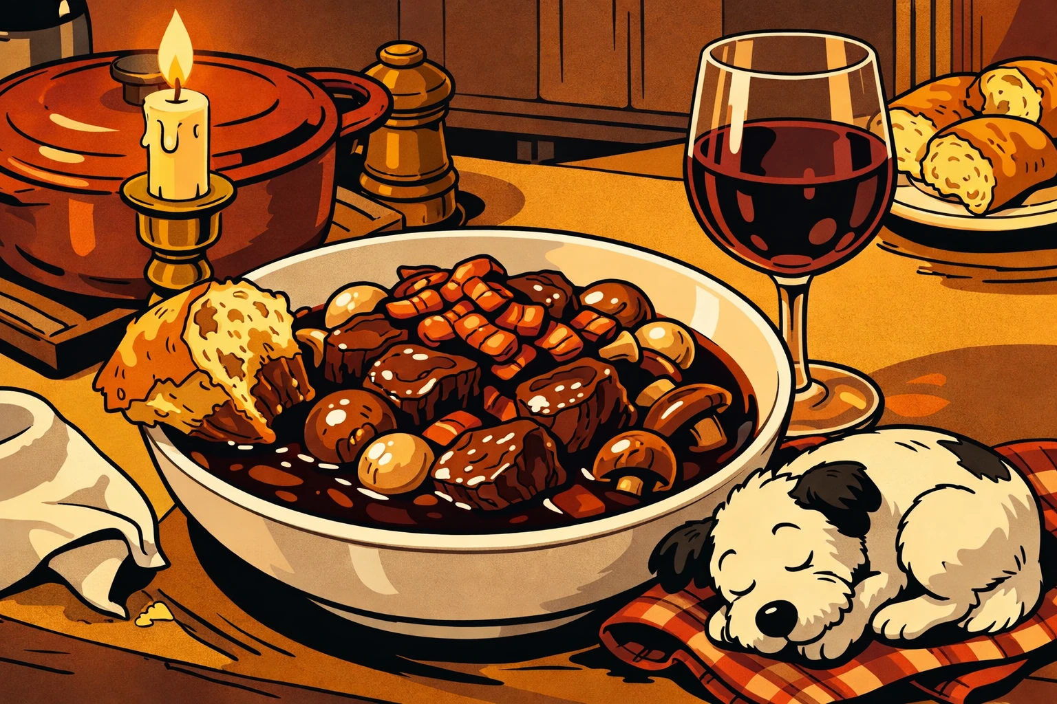 Schmortopf im Ofen, dampfend, Ligne Claire