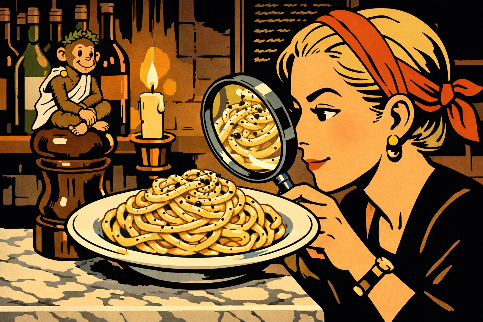 Cacio e Pepe — cremige Pecorino-Pfeffer-Pasta in Ligne Claire Illustration
