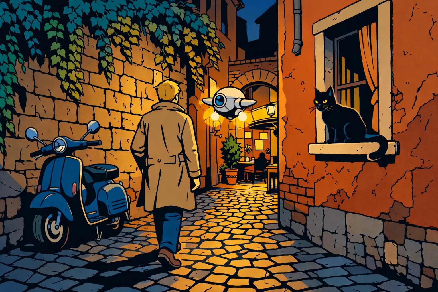 Trastevere Gasse bei Nacht, Ligne Claire