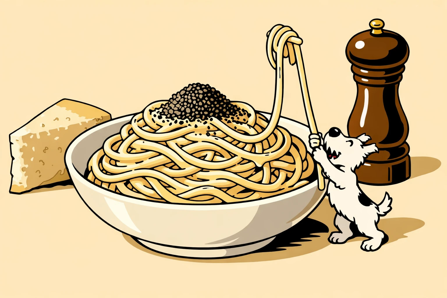 Pasta wird in Pfanne geschwenkt, Pecorino-Dampf, Ligne Claire