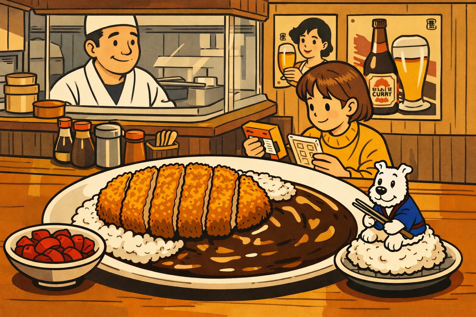 Japanisches Katsu Curry — Panko-Schnitzel mit Curry-Sauce über Reis, Ligne Claire