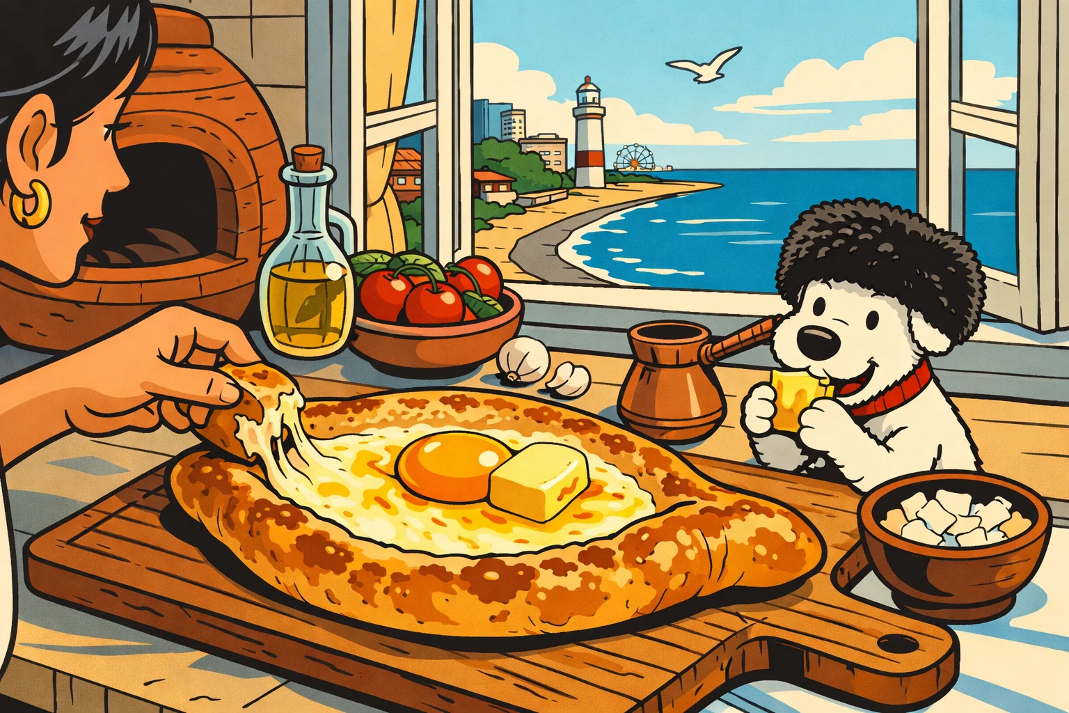 Khachapuri Adjaruli — georgisches Käseschiff in Ligne Claire Illustration