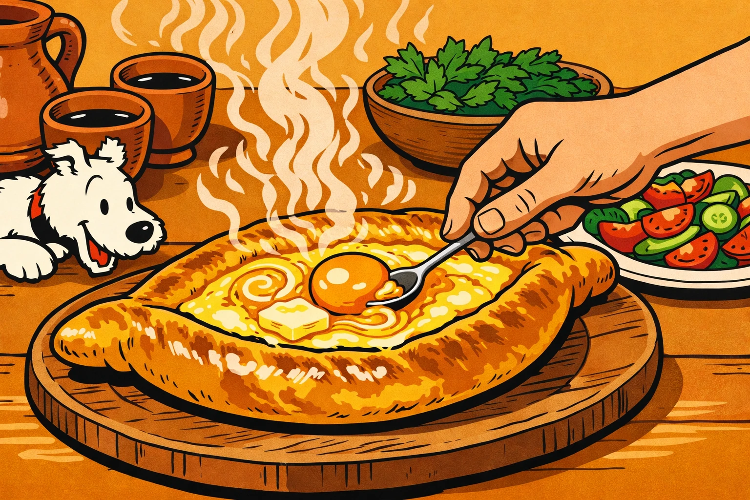 Khachapuri wird geformt, Hände am Teig, Ligne Claire