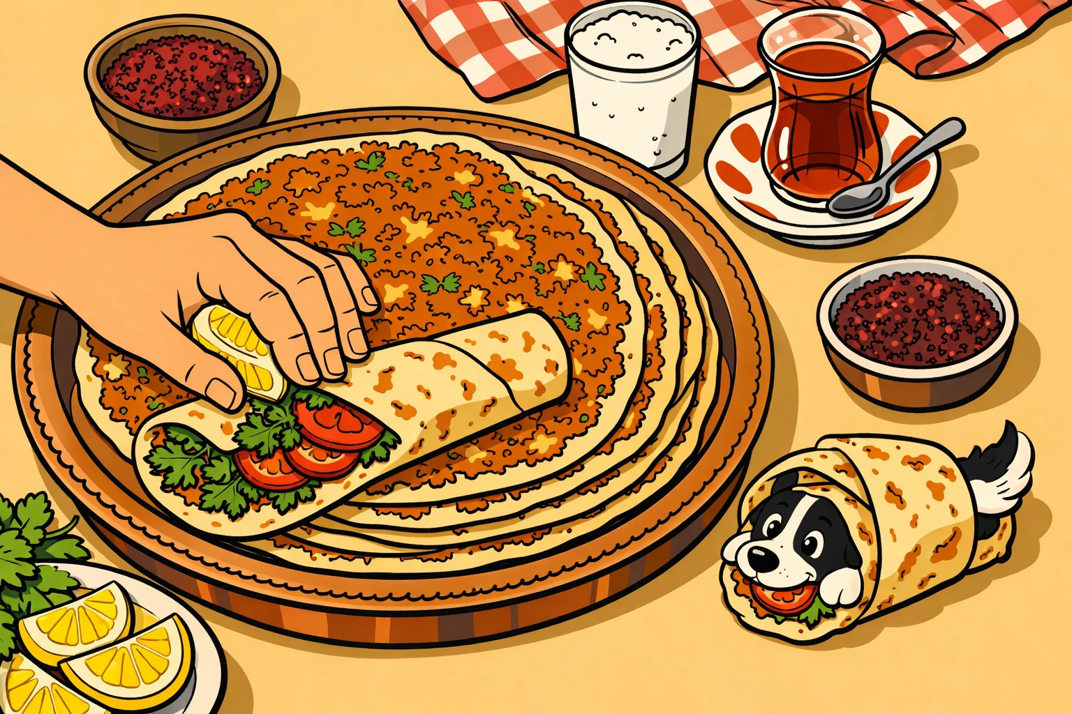 Lahmacun wird papierdünn ausgerollt, Steinofen, Ligne Claire