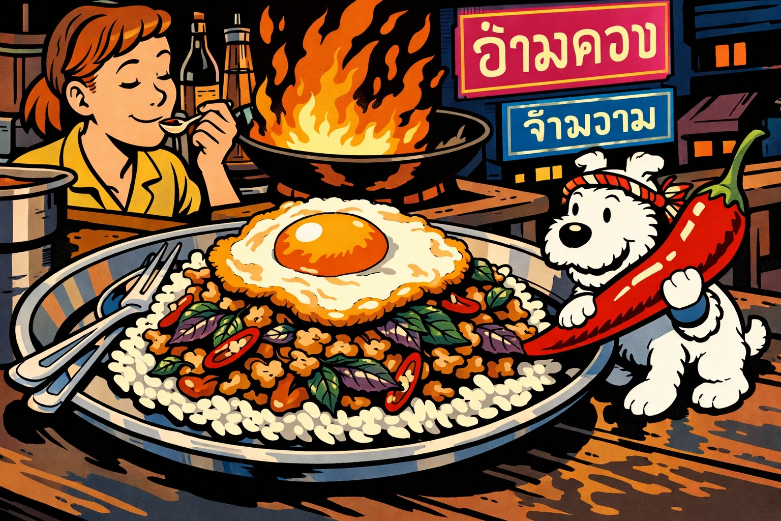 Pad Kra Pao — Hack mit Holy Basil über Reis, Ligne Claire