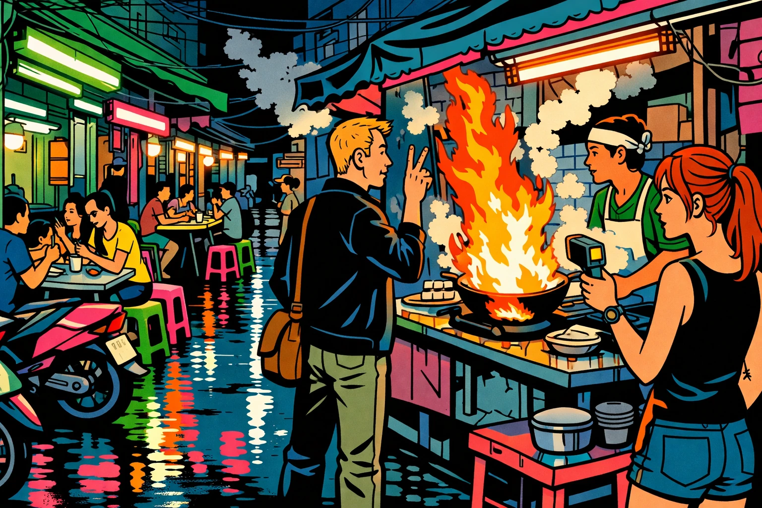 Bangkok Straßenküche bei Nacht, Wok-Flammen, Ligne Claire