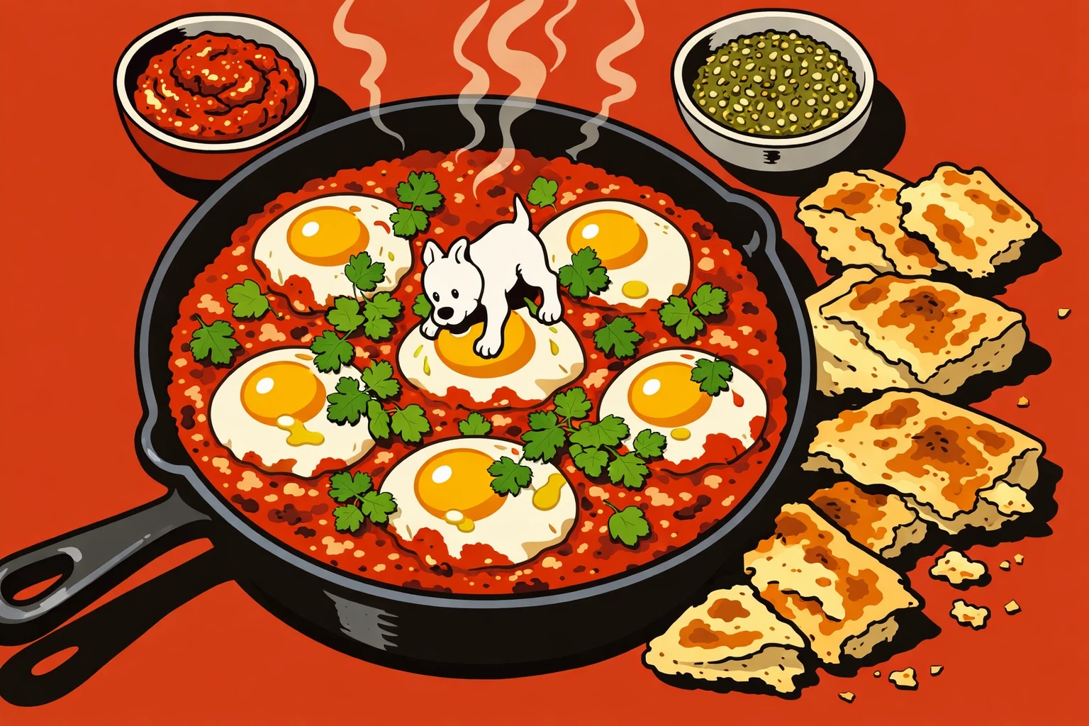 Eier werden in Tomatensauce pochiert, Ligne Claire